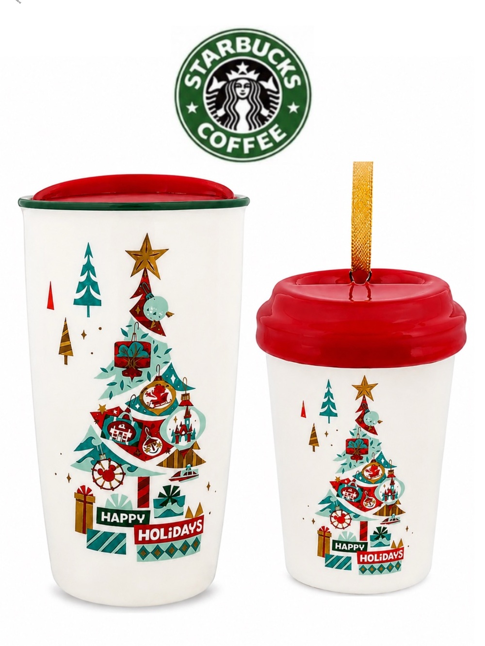 Set 2 Disney Starbucks Happy Holidays Beverage Ceramic‎ Tumbler & Mini Ornament